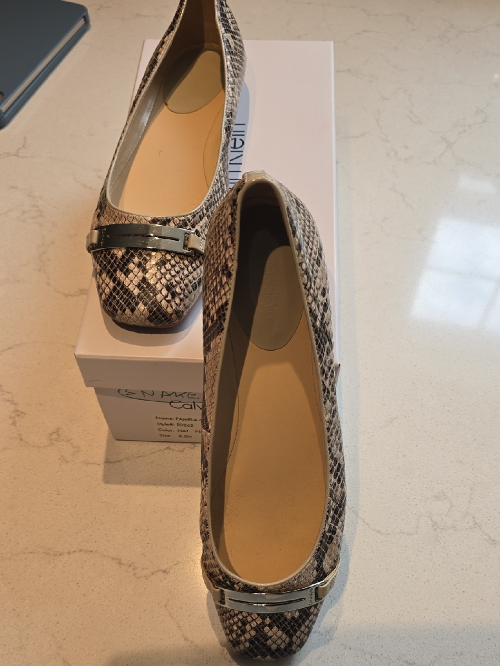 Calvin Klein Women’s Snake-Print Ballet Flats with Silver Hardware